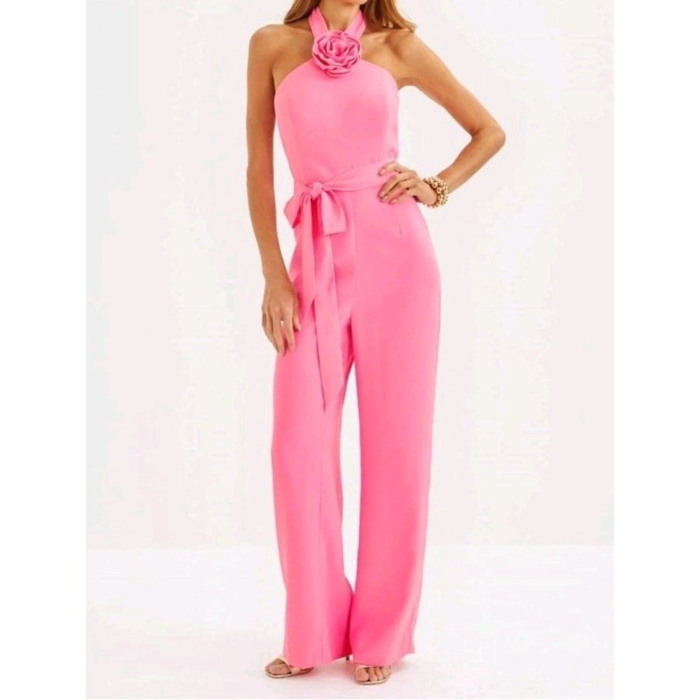 Lilly Pulitzer Jumpsuit Pink Halter‎ Rosette 3D Flower Wide Leg Romper Party 12